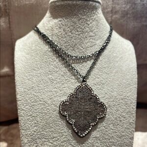 Intricate Silver Necklace  Ornate Pendant Arabesque Venetian Window Gunmetal